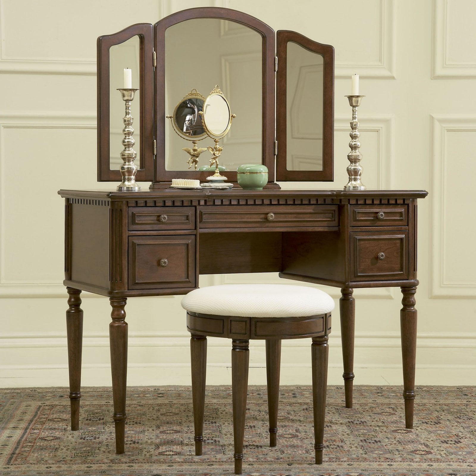 Powell 3Piece Vanity, Mirror and Bench Set, Cherry