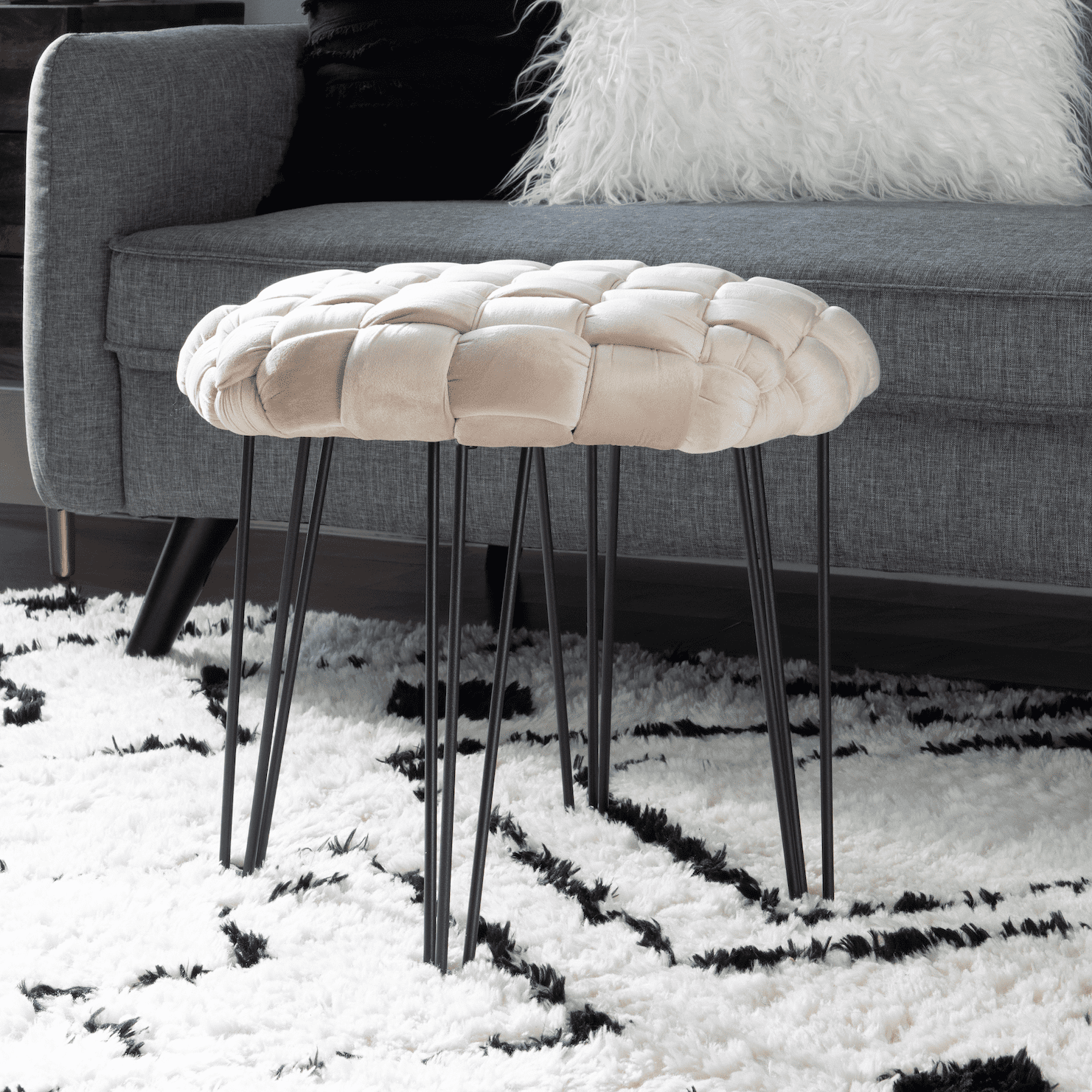 Powell Anya Round Handwoven Velvet Ottoman with Hairpin Legs, Cream