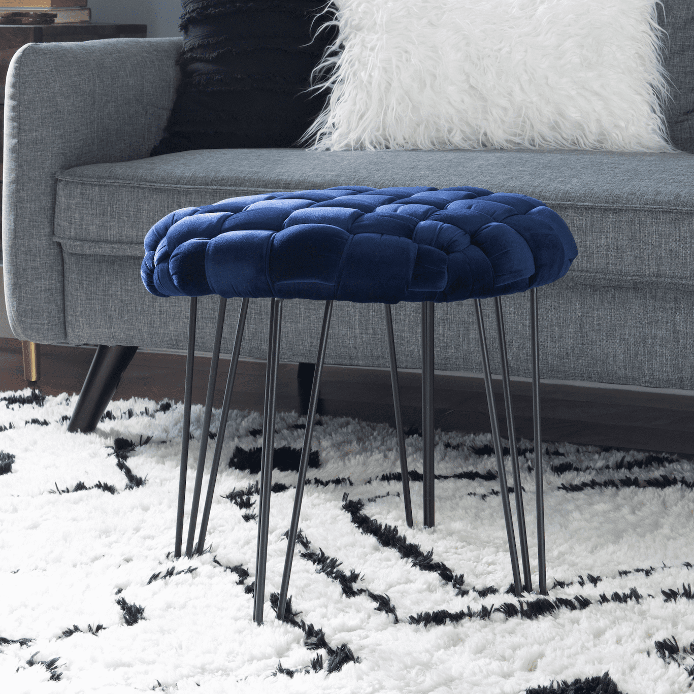 Powell Anya Round Handwoven Velvet Ottoman with Hairpin Legs, Navy