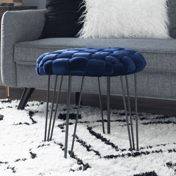 Powell Anya Round Handwoven Velvet Ottoman with Hairpin Legs, Navy