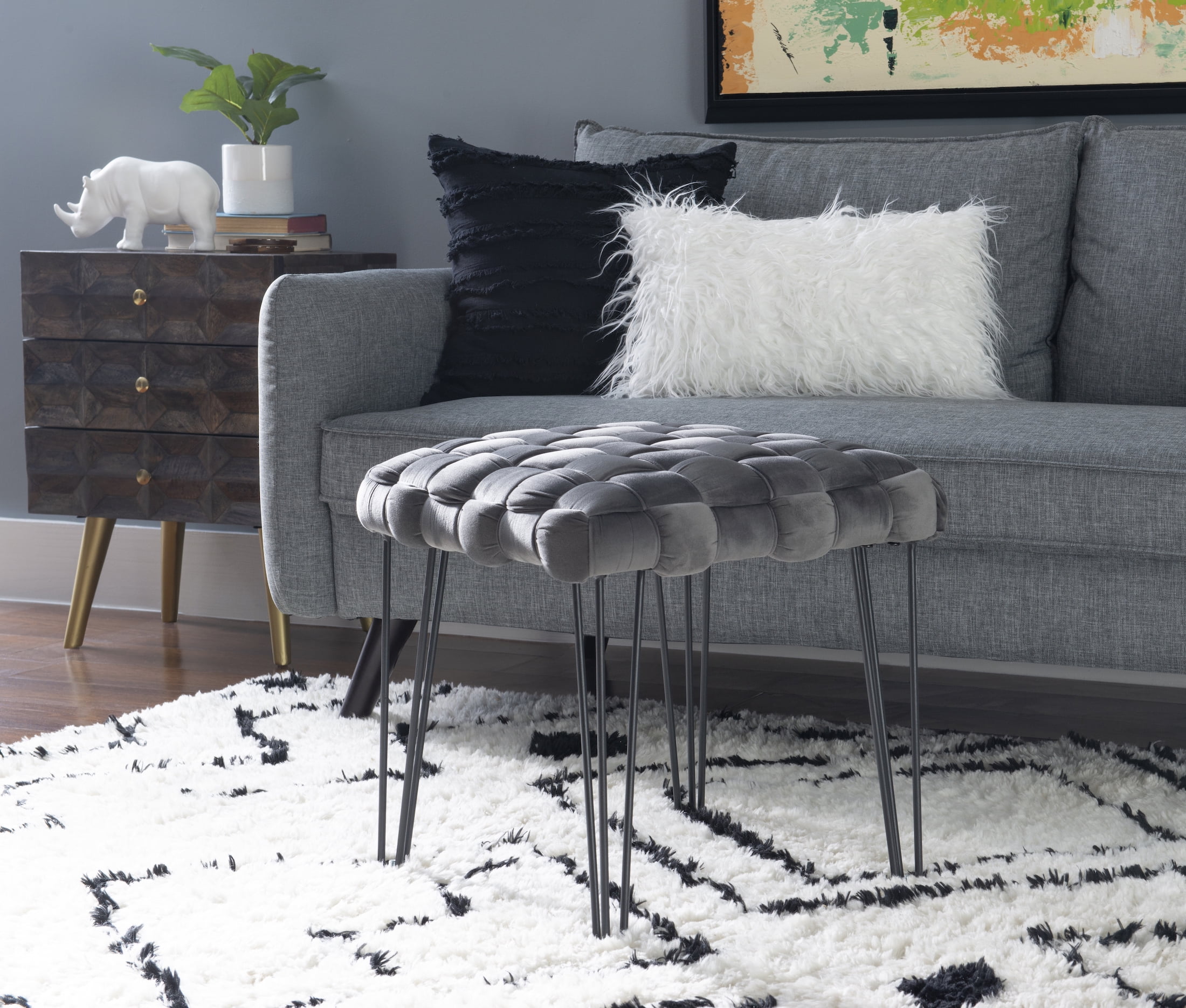 Powell Anya Square Handwoven Velvet Ottoman with Hairpin Legs, Gray