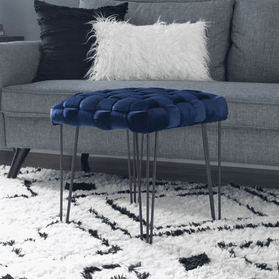 Powell Anya Square Handwoven Velvet Ottoman with Hairpin Legs, Navy