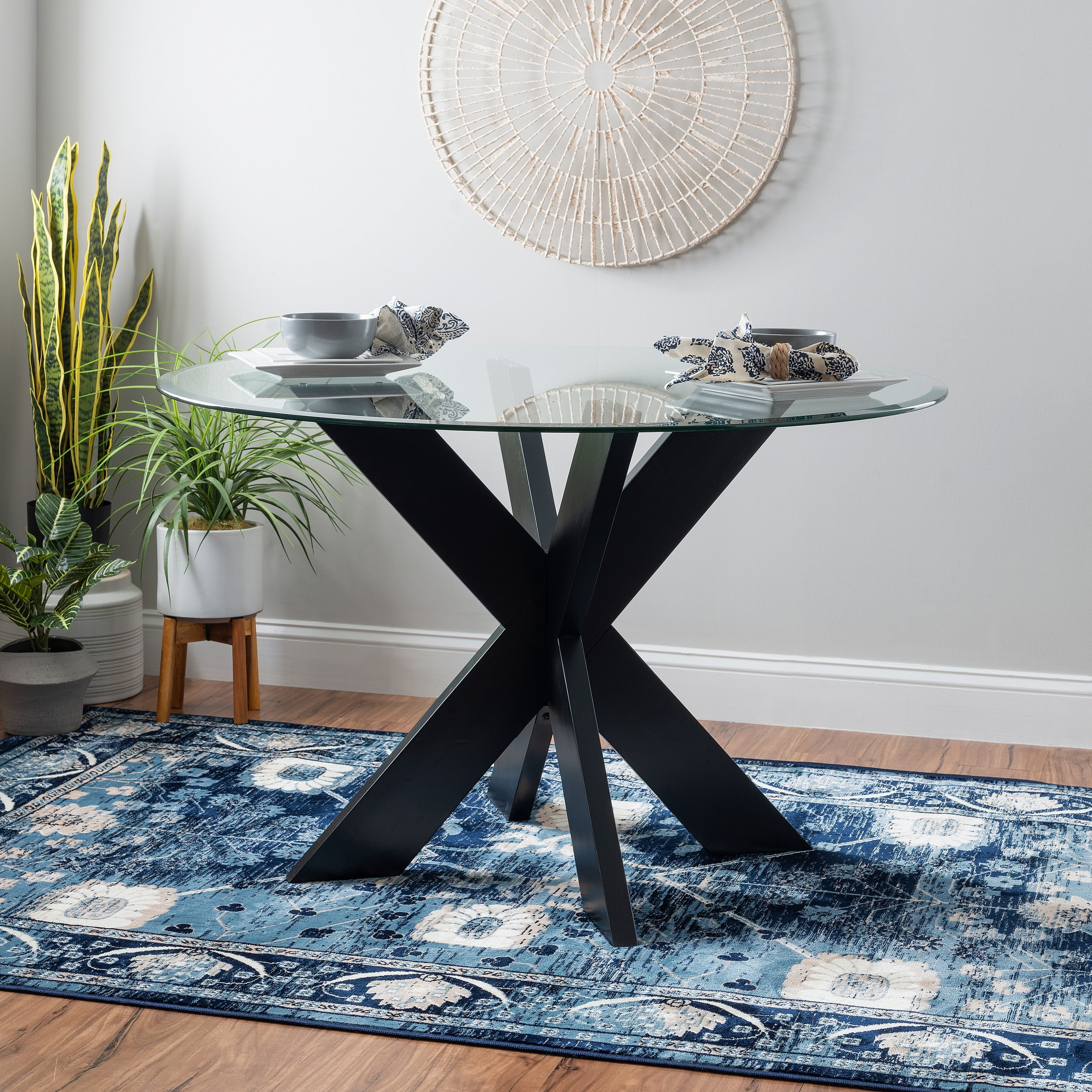 Powell Augusta Wood X Base Dining Table with Glass Top Black