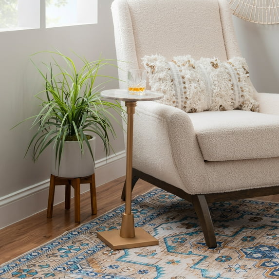Powell Barra Round Adjustable Height Indoor Accent Drink Table, 25-30" Tall, Gold/Sandy Marble