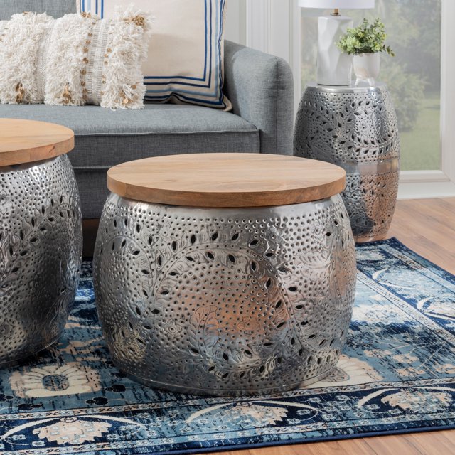 Powell Bellezza Indoor Drum Accent Table with Storage, 16" Tall, Silver