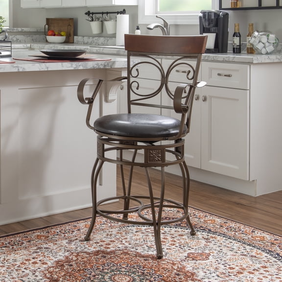 Powell Big & Tall 24" Indoor Metal Ornate Swivel Counter Stool with Arms, Bronze/Dark Brown Faux Leather