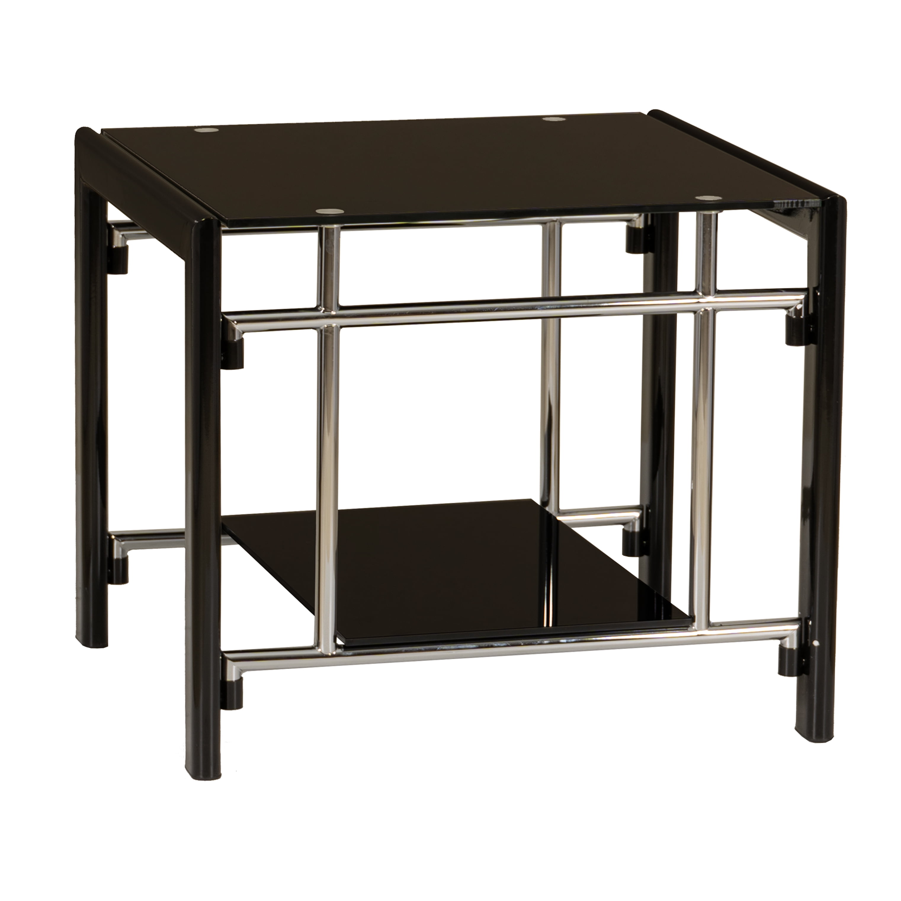 Powell Black Glass and Metal Indoor End Table with Shelf, 22" Tall, Black/Chrome