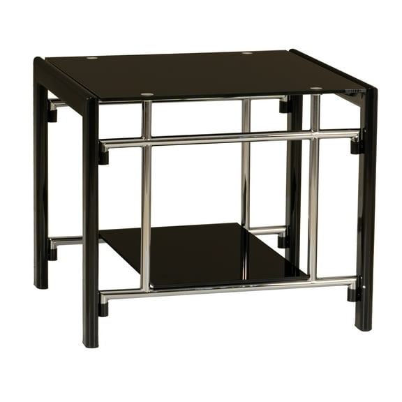 Powell Black Glass and Metal Indoor End Table with Shelf, 22" Tall, Black/Chrome