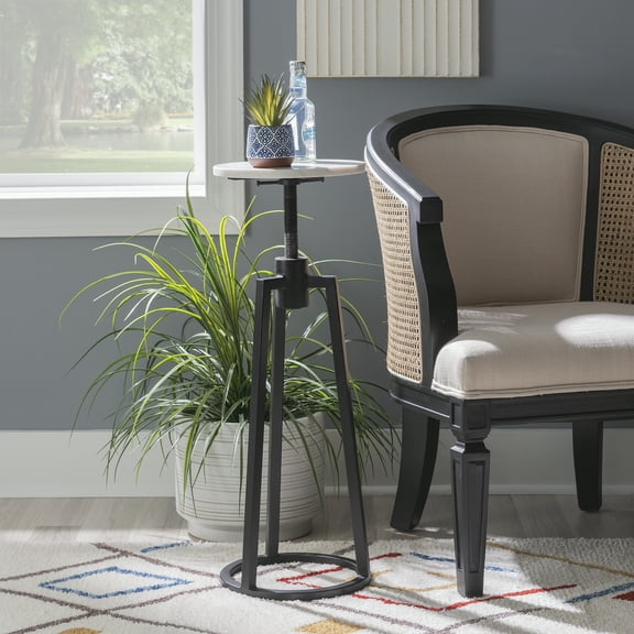 Powell Bowers Round Adjustable Height Drink Table, 25-30" Tall, Black/White Marble