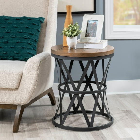 Powell Byrne Round Barrel Metal and Wood Indoor Accent Side Table, 24.25" Tall, Gray