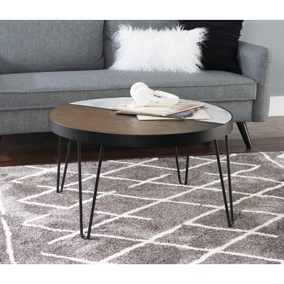 Powell Calvert Round Mid-Century Coffee Table with Hairpin Legs, Walnut