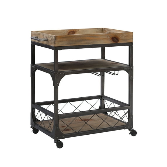 Powell Collin 3-Tier Rolling Bar Cart with Stemware Rack, Weathered Driftwood