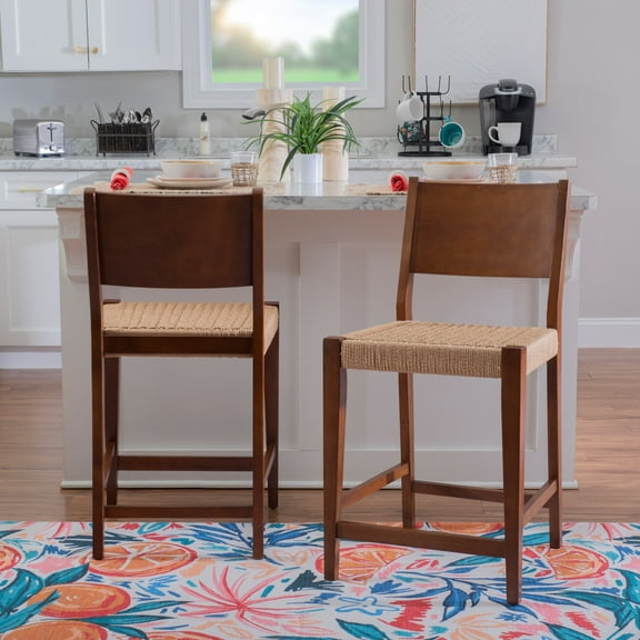 Powell Crawford 24" Indoor Wood Counter Stool with Handwoven Rope Seat, Set of 2, Brown/Natural