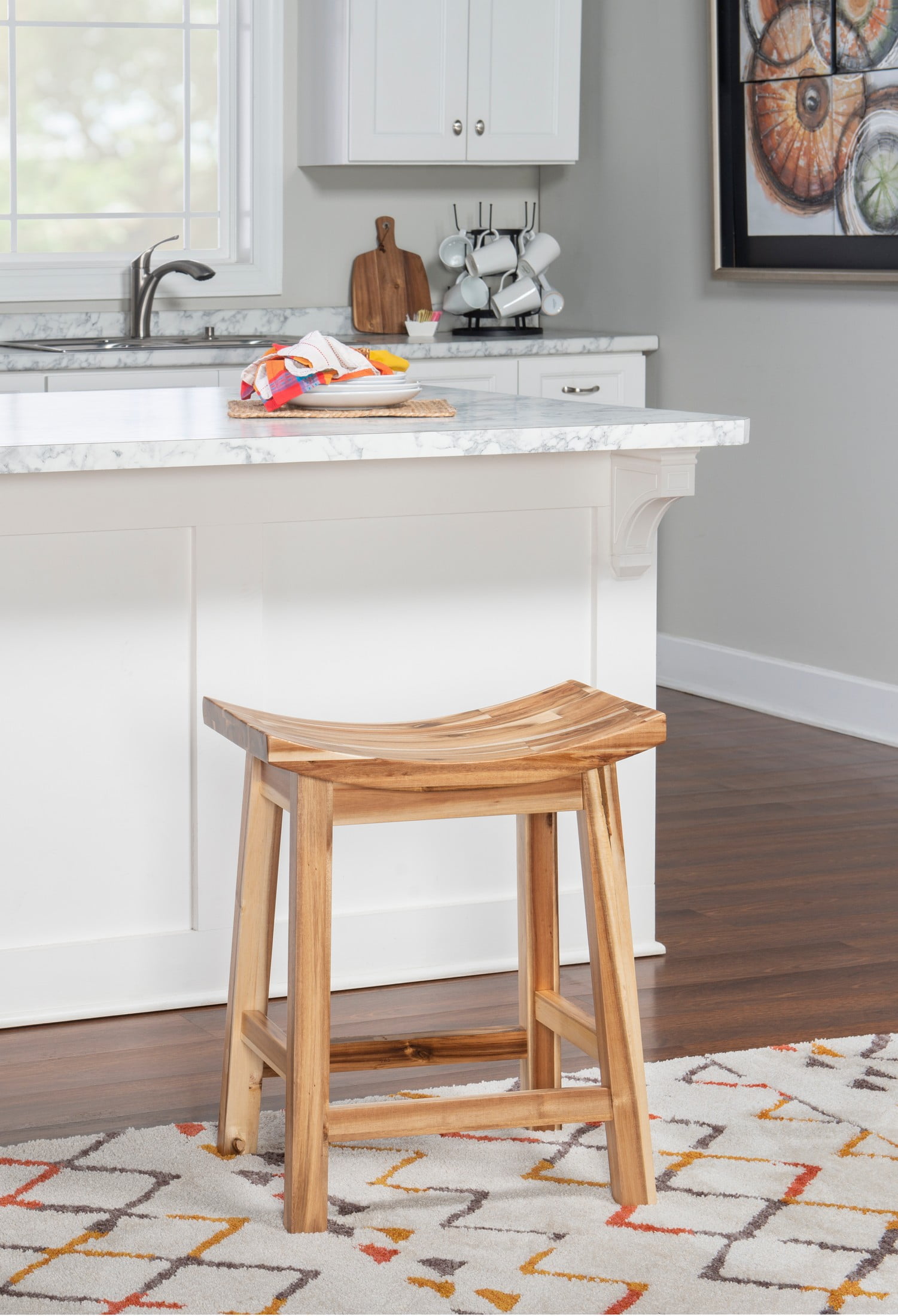 Classic Acacia Wood Saddle Counter Stool in Natural Brown