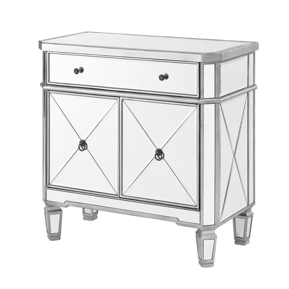 Powell Deville 2-Door Single Drawer Indoor Console Table with Shelves, Mirrored Surfaces and Luxe Silver Wood