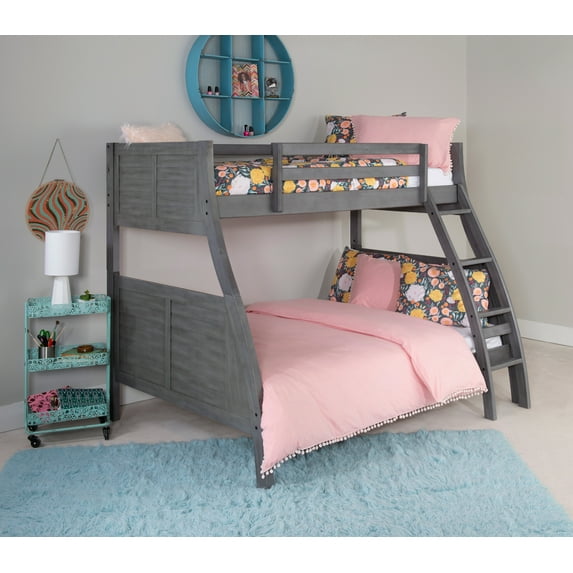 Powell Driscoll Kids Wood Twin over Full Bunk Bed with Built-in Ladder, Gray