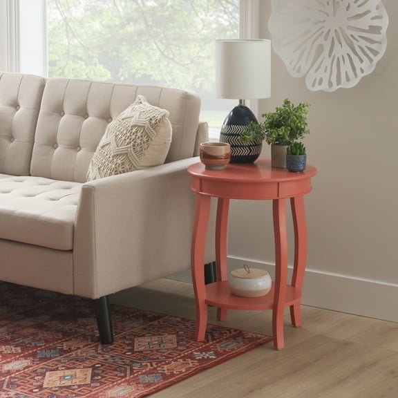 Powell Fiore Round Indoor Accent Side Table with Shelf, 24" Tall, Coral
