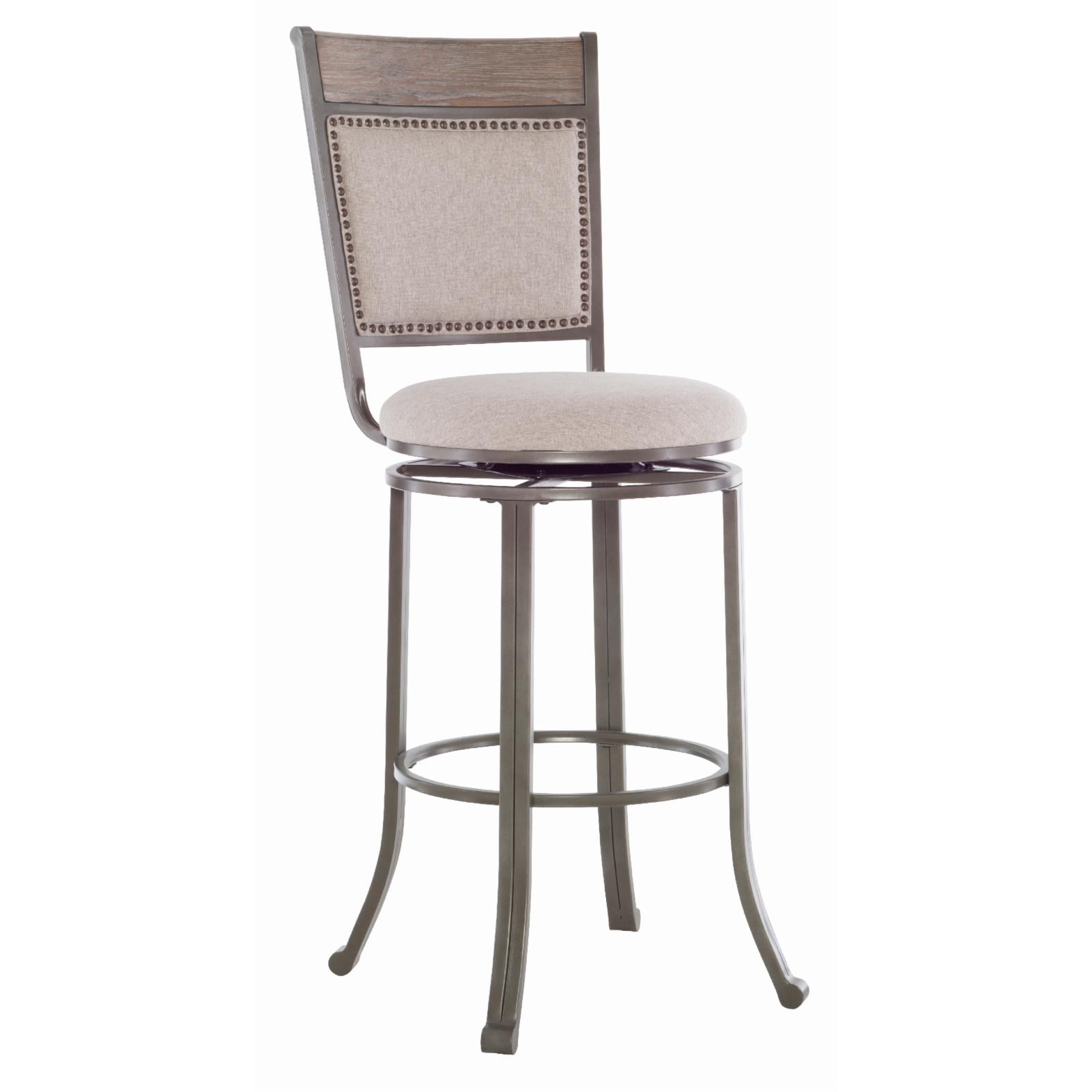 Pewter 30" Swivel Bar Stool with Beige Fabric and Wood