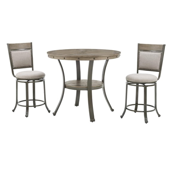 Powell Franklin Gathering Counter Height 42 inch Round Pub Table Pewter with grey wood top