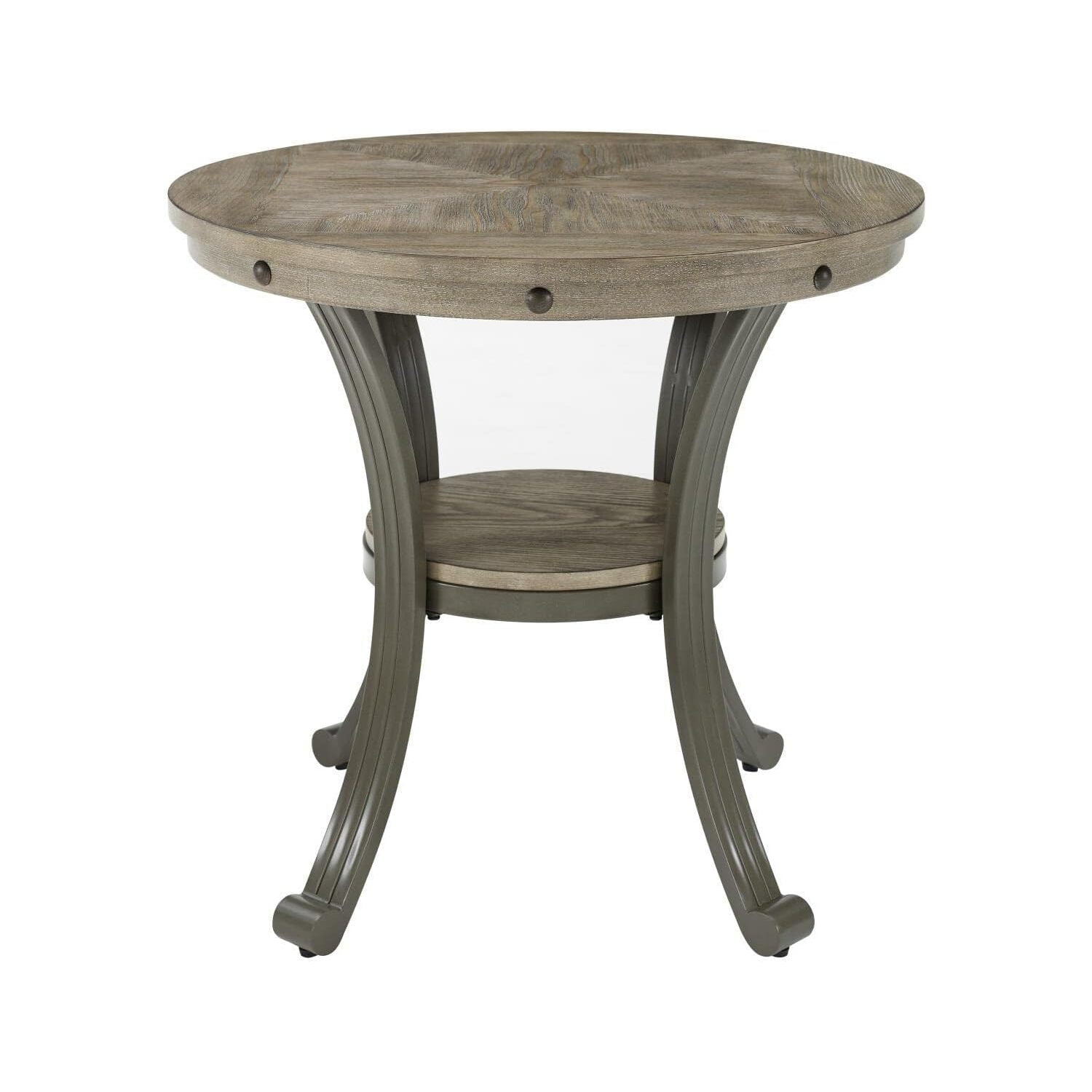 Transitional Ash Veneer Round Side Table with Pewter Metal Base