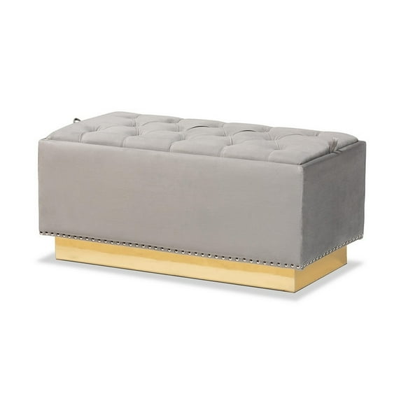 Powell Glam and Luxe Grey Velvet Fabric Upholstered and Gold PU Leather Storage Ottoman