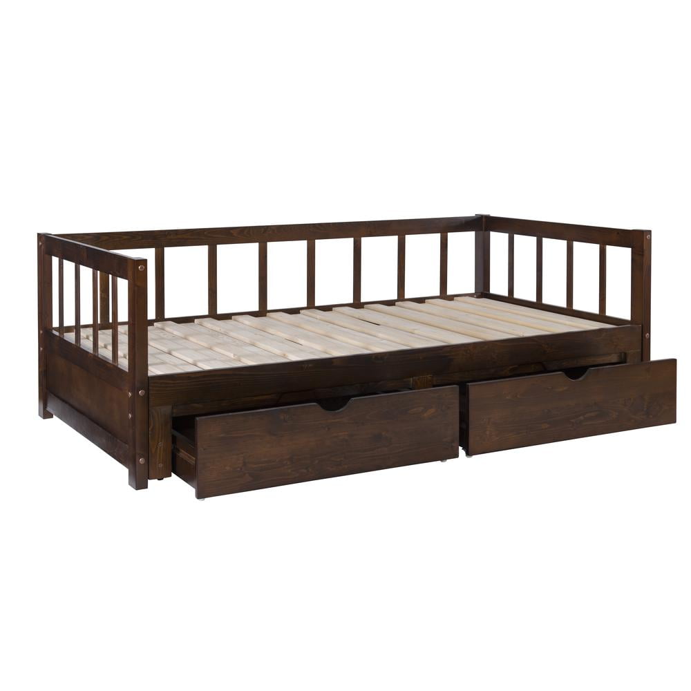 Espresso Pine Wood Twin Daybed with Storage Drawers