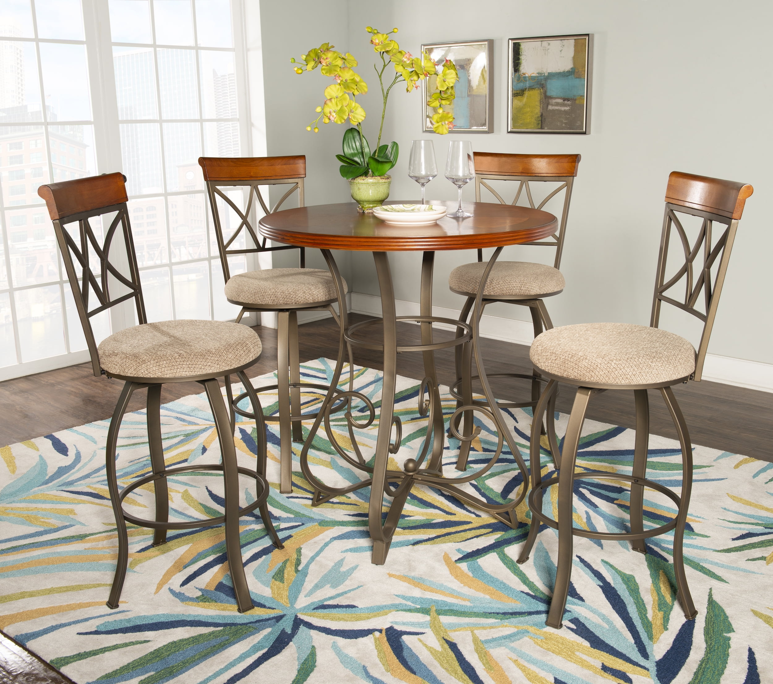 Brushed Faux Medium Cherry and Matte Pewter 5-Piece Swivel Pub Set