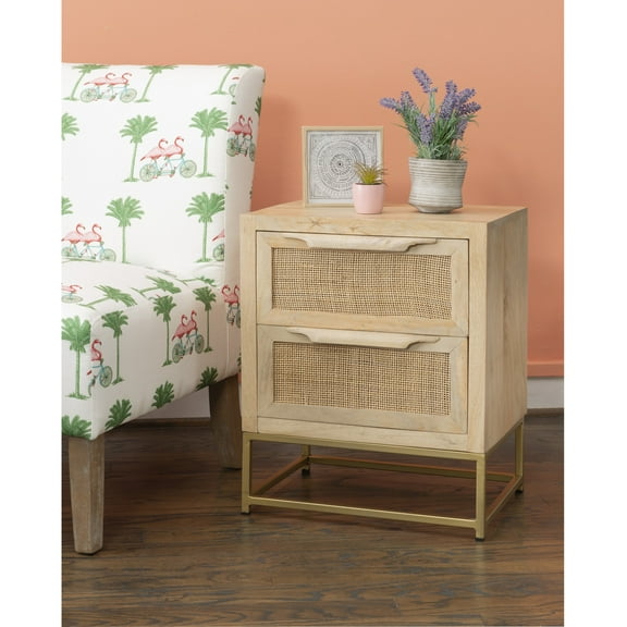 Powell Janie 2 Drawer Accent Cabinet, Natural Rattan and Gold Finish