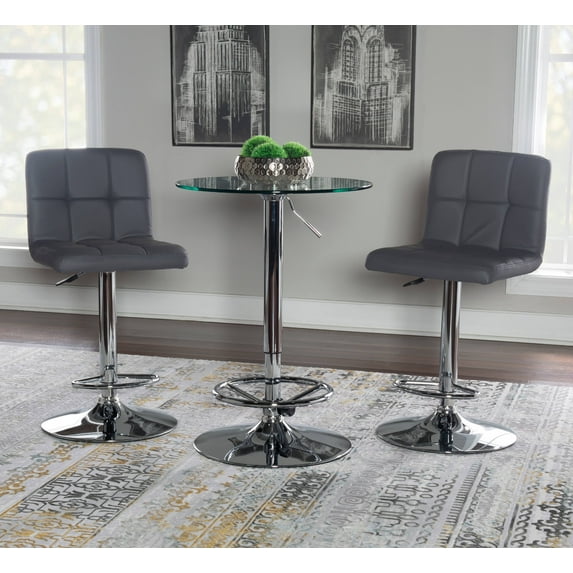 Jenna 3-Piece Metal and Glass Pub Table Set, Chrome Base with Gray Faux Leather