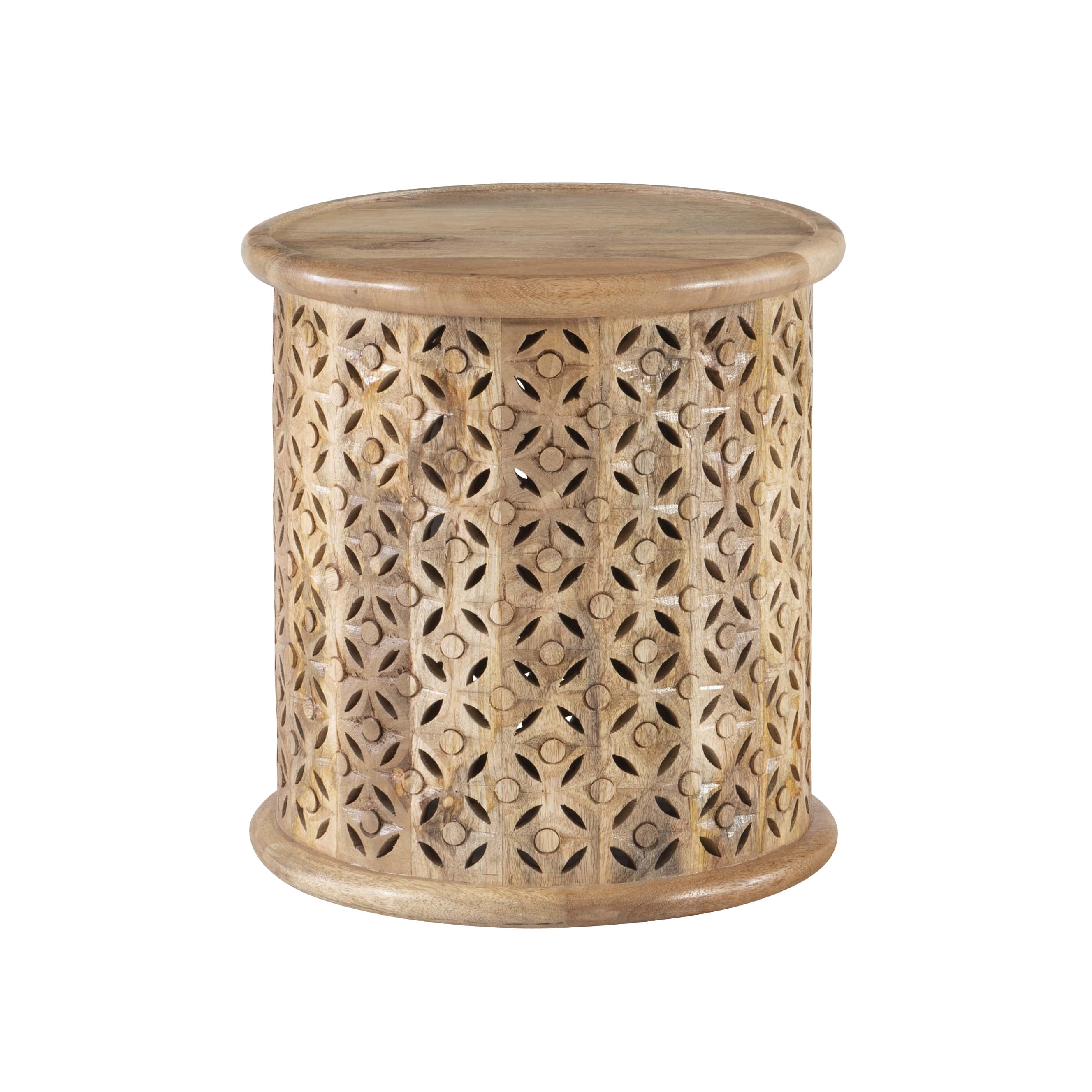 Powell Kacey Carved Wood Round Indoor End Table, 18" Tall, Natural