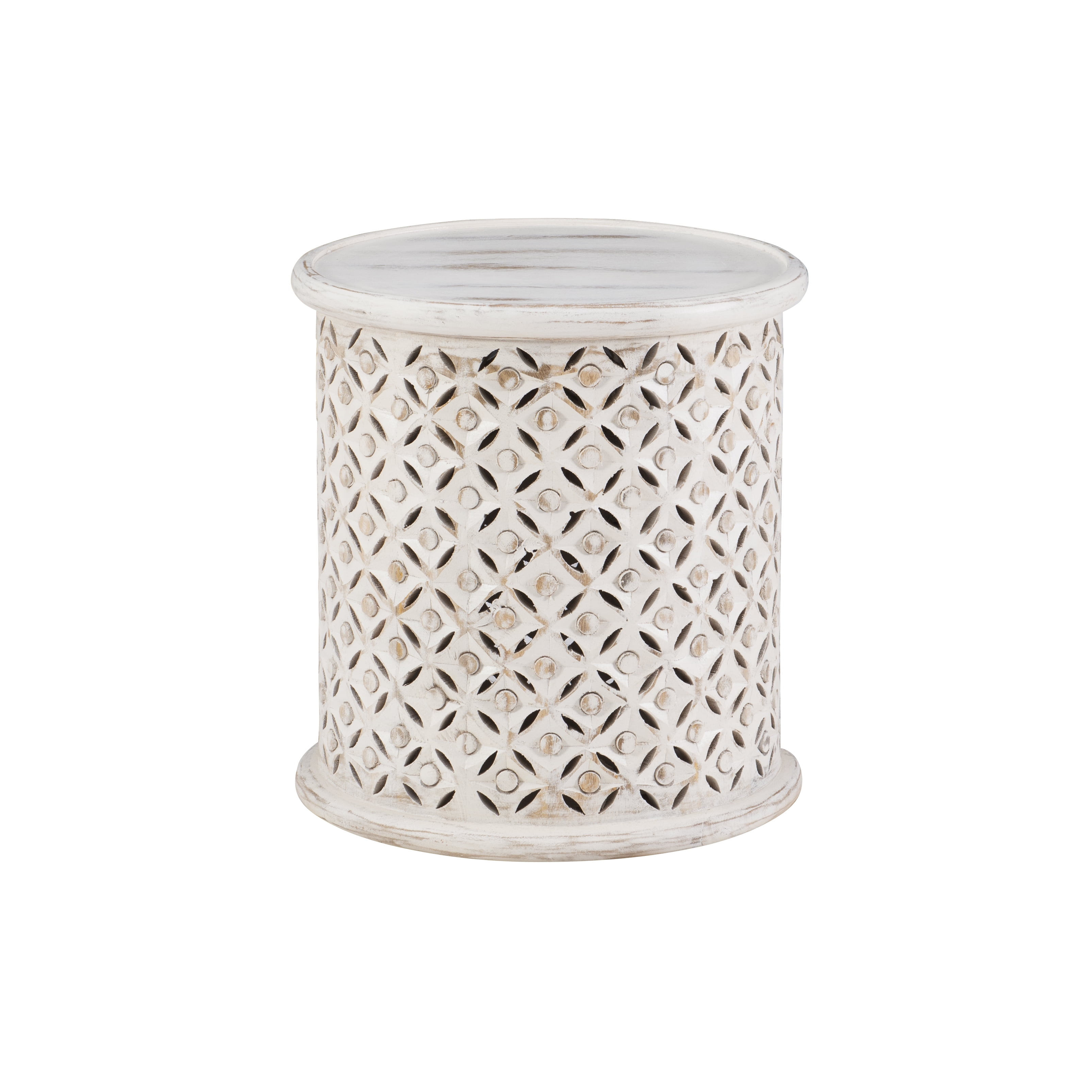 Powell Kacey Carved Wood Round Indoor End Table, 18" Tall, White