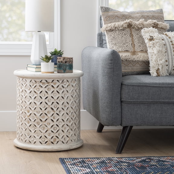 Powell Kacey Carved Wood Round Indoor End Table, 18" Tall, White