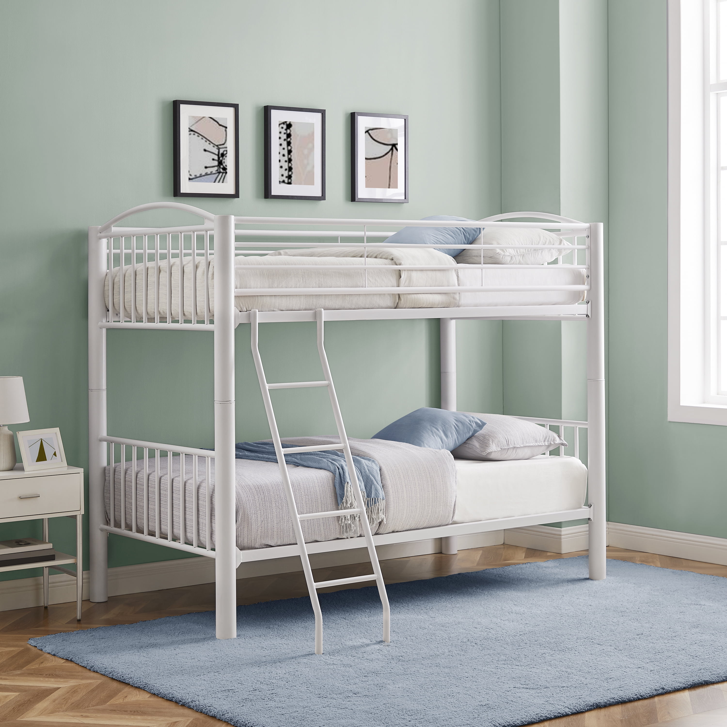 Powell Kalmia Twin Over Twin Heavy Metal Convertible Bunk Bed with Ladder, White Finish