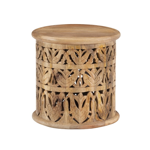 Powell Kersey Natural Carved Wood Round Indoor End Table, 17" Tall