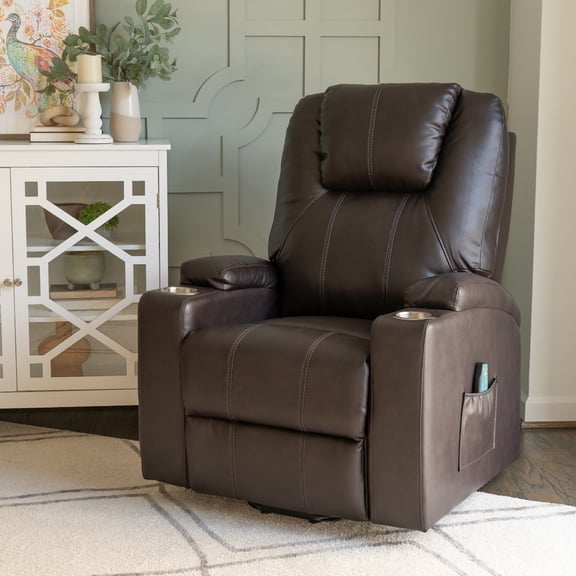 Powell Marciona Power Lift Recliner Chair with with Heat and Massage, Chocolate Faux Leather