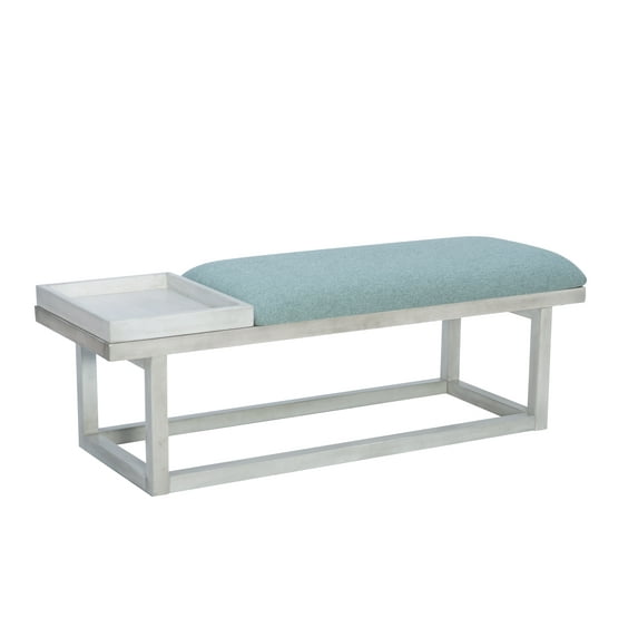 Powell Mickle Upholstered Bench with Built-In Tray, Whitewash/Aqua