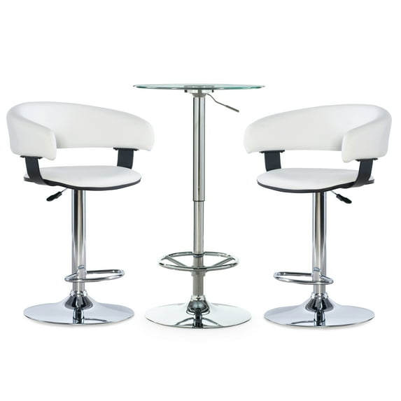 Powell Nellie 3-Piece Metal and Glass Pub Table Set, White Faux Leather