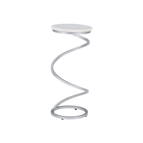 Powell Nevin Modern Round Spiral Base Drink Table, 23.75" Tall, Silver/White Marble