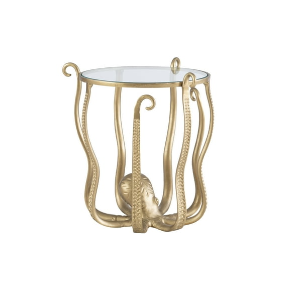 Powell Oksana Round Glass and Metal Indoor Accent Side Table, 22" Tall, Gold Octopus Legs