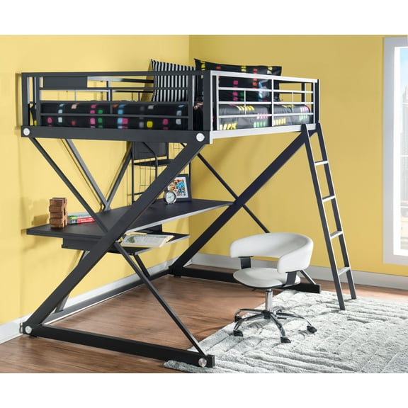 Powell Pierce Sleep, Study, and Store Full Loft Bed Set with Rolling Desk Chair, Black with White Chair