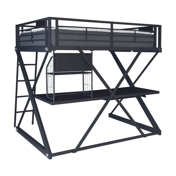 Powell Pierce Sleep, Study, and Store Full Loft Bed with Built-In Ladder, Textured Black
