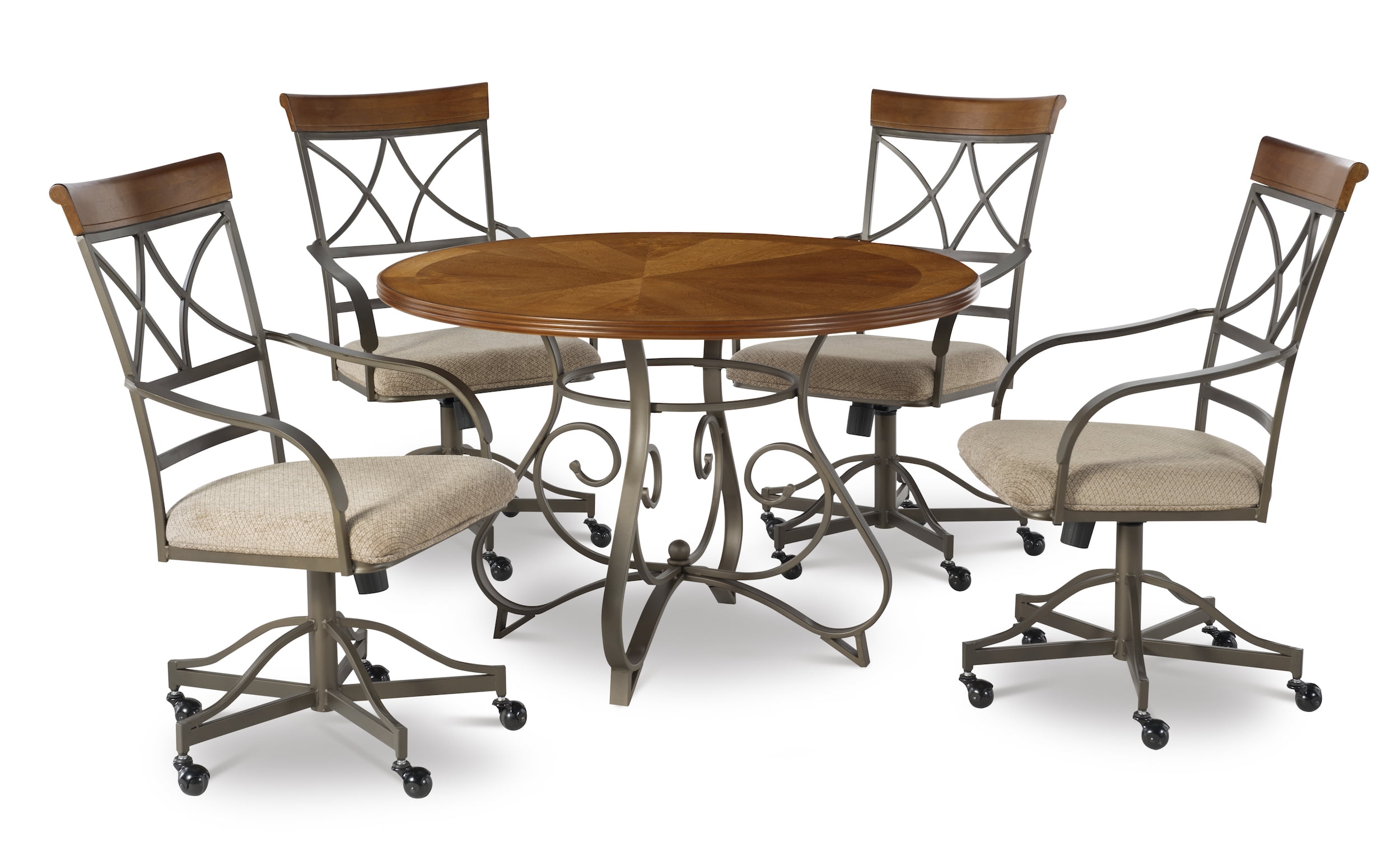 Powell Roselyn 5-Piece Dining Set with Rolling Swivel-Tilt Chairs, Brushed Faux Medium Cherry Wood with "Matte Pewter and Bronze" Metal