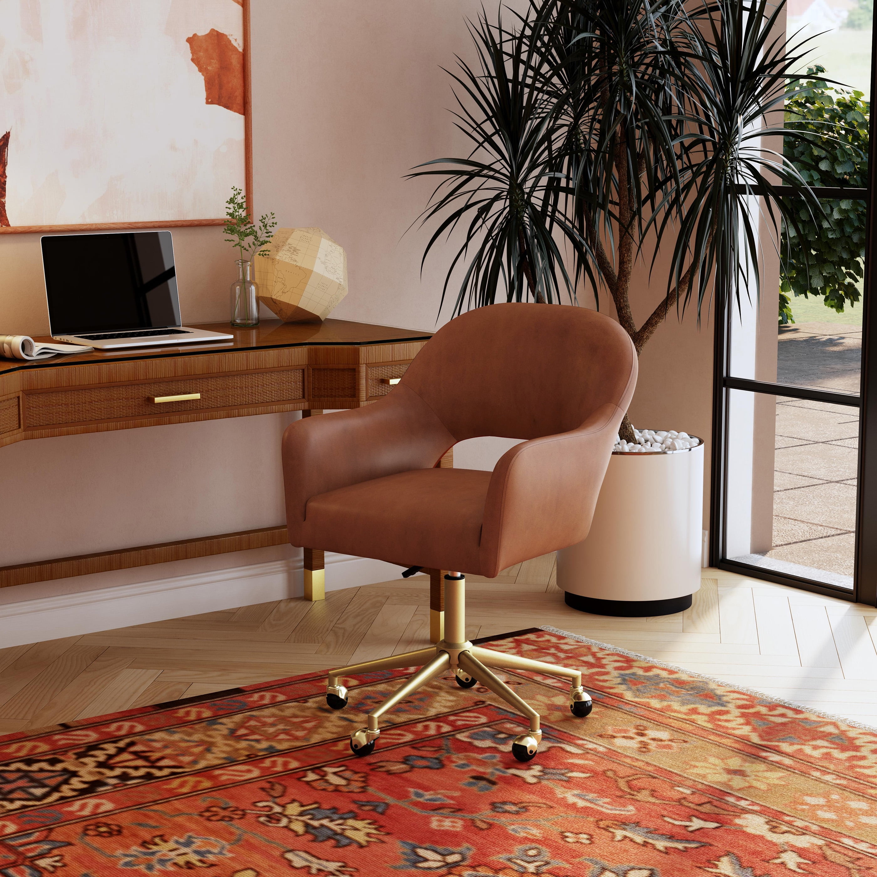 Powell Sadler Curved Back Swivel Desk Chair with Castors, Gold/Saddle