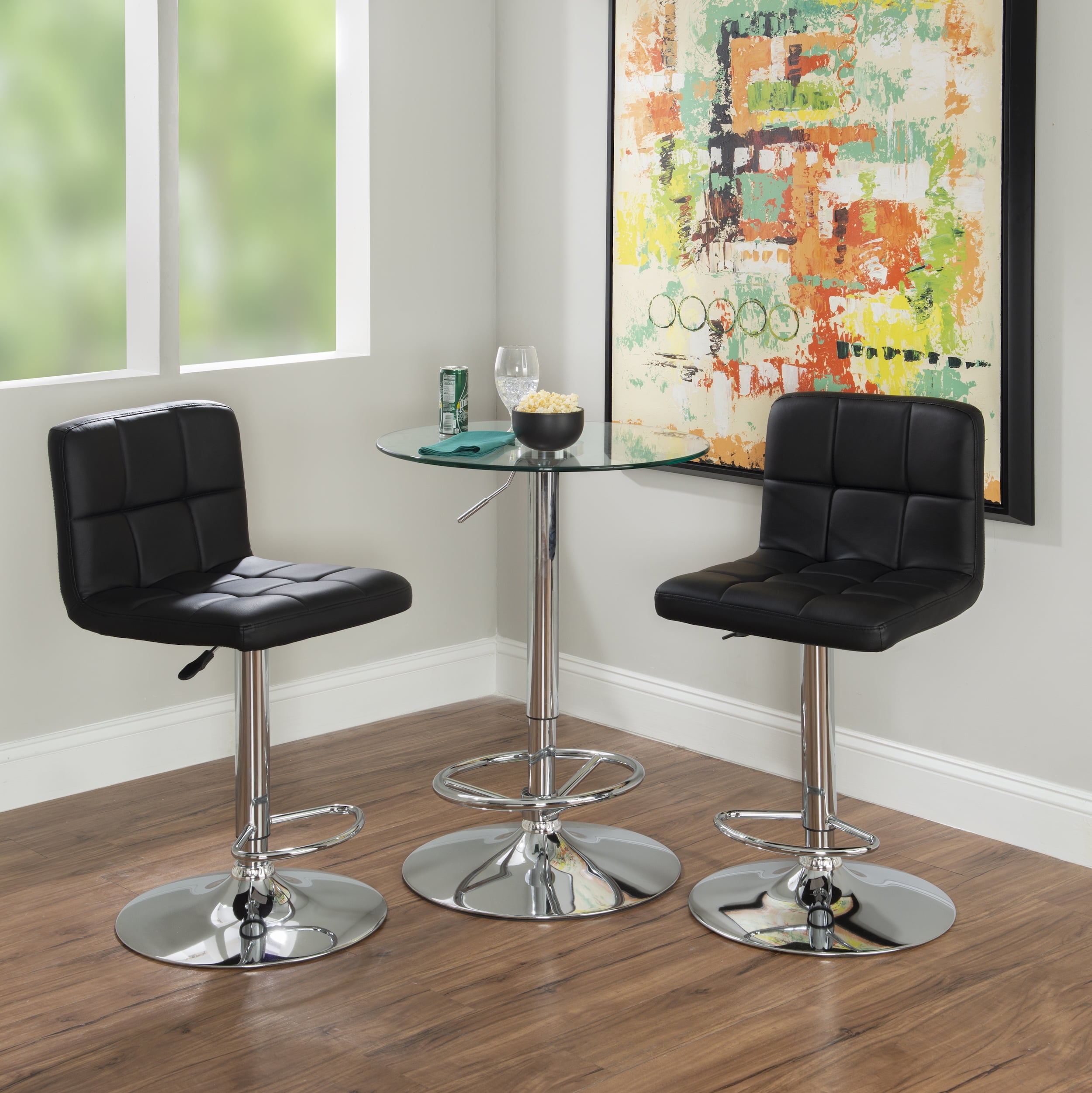 Powell Sherman 3-Piece Metal and Glass Pub Table Set, Black Faux Leather