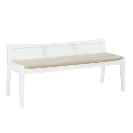 Powell Tramore Upholstered Bench with Rattan Cane Back, White/BeigeLinen