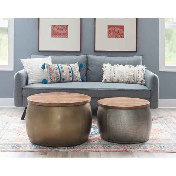 Powell Wesmar Metal Indoor Drum Accent Table with Storage, 16" Tall, Brass