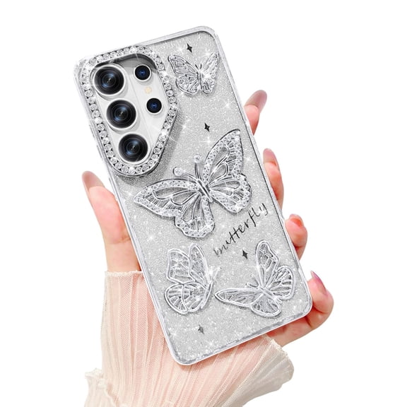 Poweltek Bling Diamond Case for Samsung Galaxy S26 Plus, Shockproof Plating Sparkly Cute 3D Butterfly Glitter Slim Soft TPU Rubber Cover, Silver