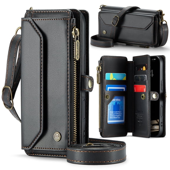 Poweltek Crossbody Wallet Zipper Case for iPhone 17 Pro, Magnetic Flip Leather Shockproof Kickstand RFID Blocking Card Holders Cash Slot Pocket with Lanyard Cover, Black
