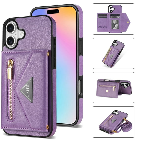 Poweltek For iPhone 17 PU Leather Wallet Phone Case with Detachable Shoulder Strap, Slim Shockproof Protective Cover with Card Slot Cover, Purple