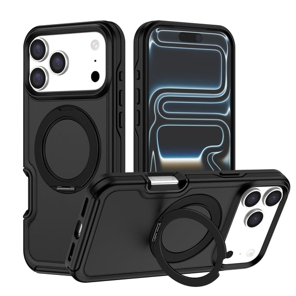 Poweltek For iPhone 17 Pro Max Metal Ring Kickstand Case, Shockproof Non-Slip Grip Hard PC+TPU Back Cover, Black